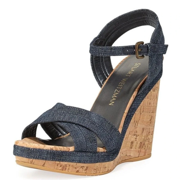 Stuart Weitzman Minx $425. cork platform wedge denim excellent Size 9.5 - Picture 1 of 13